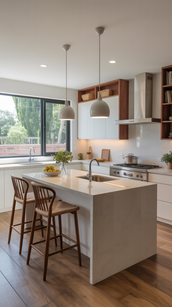 Modern kitchen with a white marble island, wooden bar stools, and white dome pendant lights. Features white and wood cabinets, a large black-framed window, stainless steel appliances, and warm hardwood flooring. Potted plants and a bowl of lemons add color to the bright, airy space.
