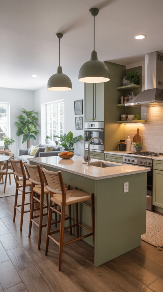 Modern kitchen with sage green cabinets, white marble island, and matte gray pendant lights. Features warm wood floors, white subway tile backsplash, and cane bar stools. A fiddle leaf fig stands by the window, and open shelving with plants decorates the sage accent wall.