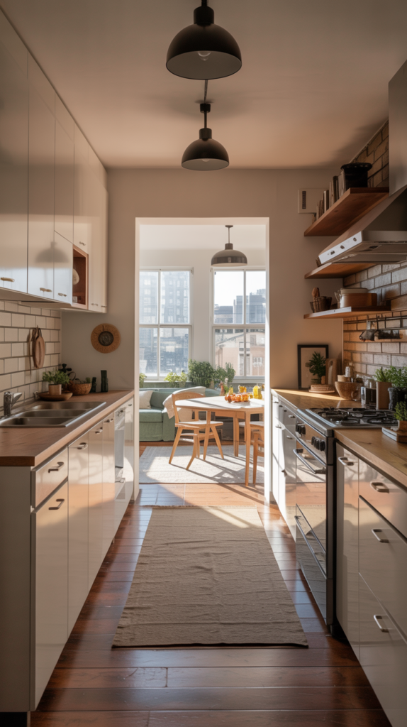 Modern galley kitchen with white cabinets, dark wood countertops, and black pendant lights. Features dark hardwood floors, a beige runner rug, and open wood shelves with plants. A round dining table is visible through a doorway at the far end, with sunlight streaming through a large window showing city views