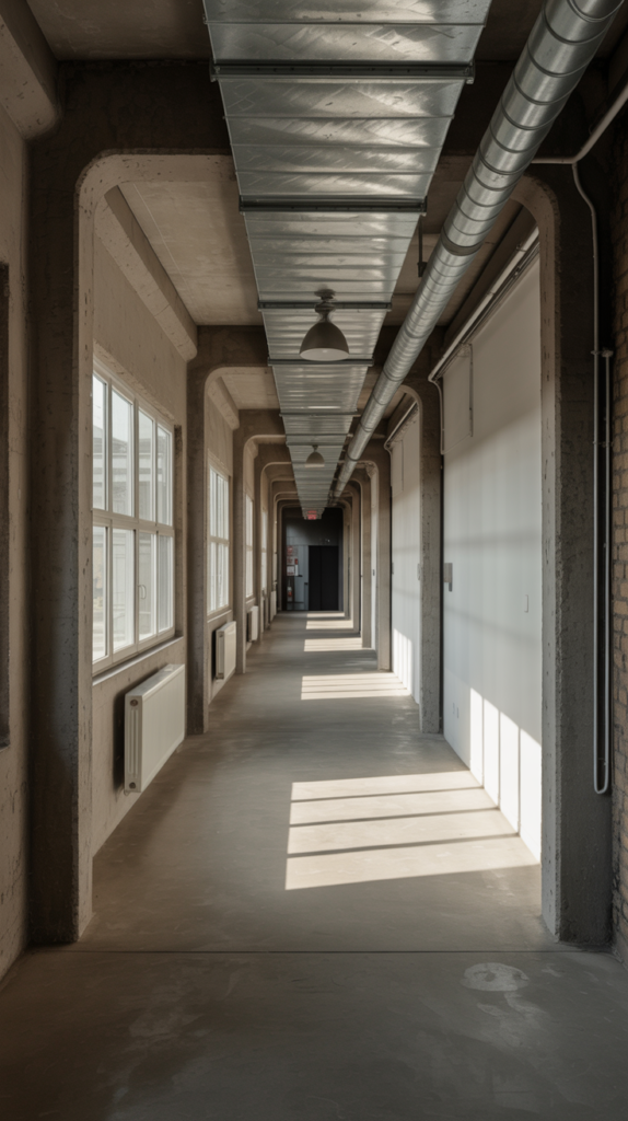 A long, industrial hallway with concrete walls, exposed ductwork, and minimal decor.