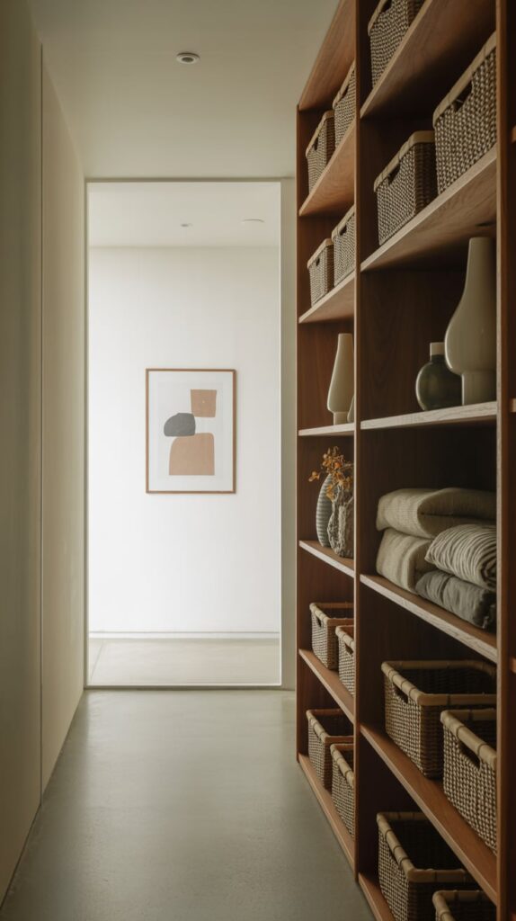 A modern hallway with built-in shelves and organized storage baskets.