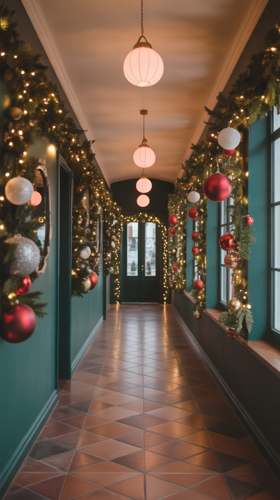 A festive hallway decorated for the holiday season with greenery, ornaments, and lights.