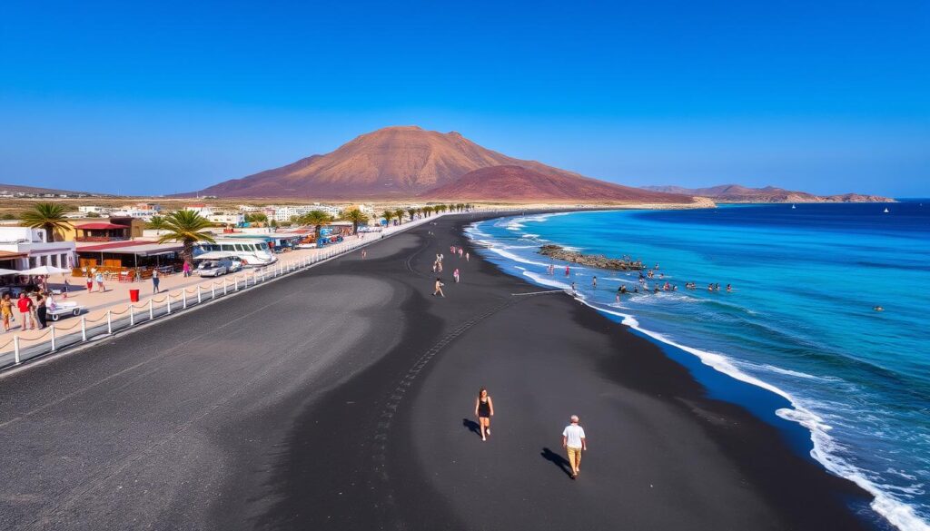 Kamari Beach with its distinctive black sand, blue waters, and beach facilities with Mount Mesa Vouno in the background Kamari Beach with its distinctive black sand, blue waters, and beach facilities with Mount Mesa Vouno in the background