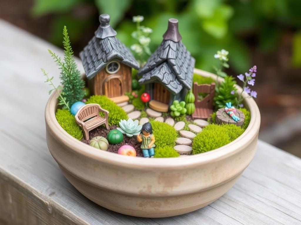 Miniature fairy garden with tiny houses and accessories among small plants Miniature fairy garden with tiny houses and accessories among small plants
