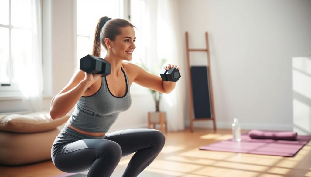 Morning exercise weight loss rituals. A serene, sun-drenched home gym. A woman in activewear performs squats, dumbbells in hand, her expression focused and determined. Natural light floods the room, casting soft shadows. In the background, a meditation cushion, yoga mat, and a water bottle suggest a holistic approach to wellness. The atmosphere is calm, motivating, and ripe with the promise of a productive day ahead.