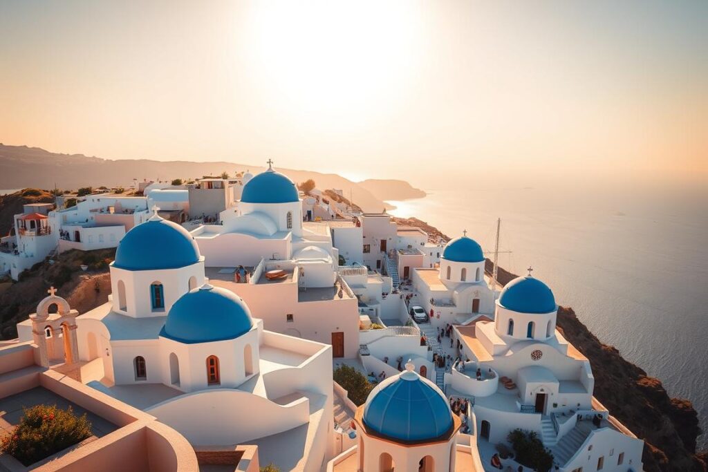 Oia village in Santorini with iconic blue domed churches and whitewashed buildings at sunset Oia village in Santorini with iconic blue domed churches and whitewashed buildings at sunset