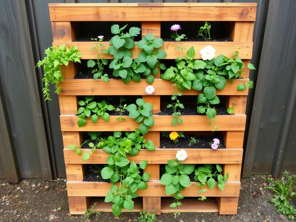Pallet vertical garden with herbs and flowers growing in spaces between slats Pallet vertical garden with herbs and flowers growing in spaces between slats