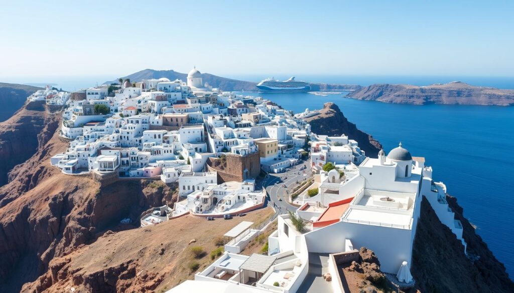 Panoramic view of Fira town with white buildings along the caldera edge and cruise ships in the harbor below Panoramic view of Fira town with white buildings along the caldera edge and cruise ships in the harbor below