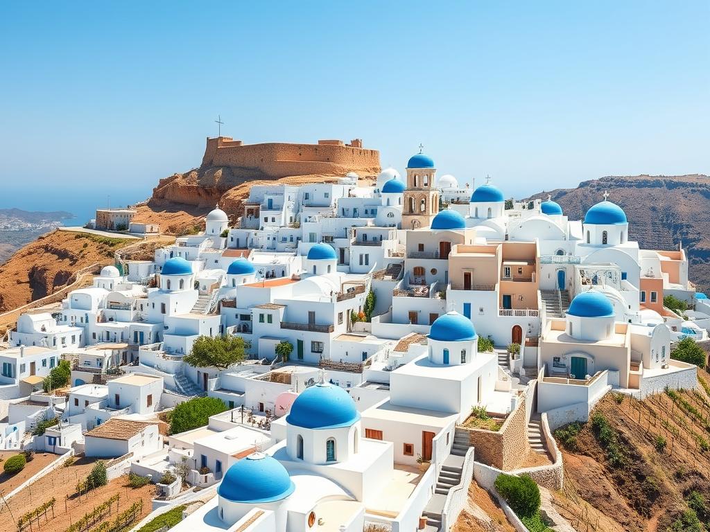 Panoramic view of Pyrgos village with traditional architecture and winding paths leading to the hilltop Panoramic view of Pyrgos village with traditional architecture and winding paths leading to the hilltop