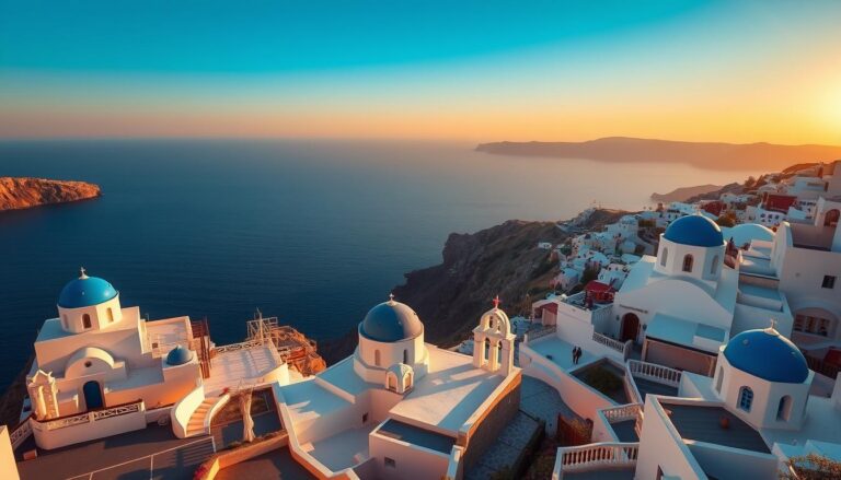Panoramic view of Santorini with white buildings and blue domes overlooking the caldera at sunset
