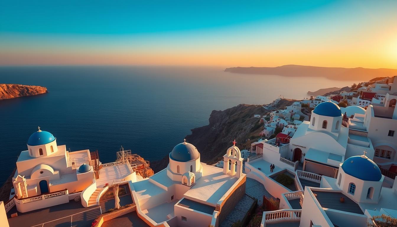 Panoramic view of Santorini with white buildings and blue domes overlooking the caldera at sunset