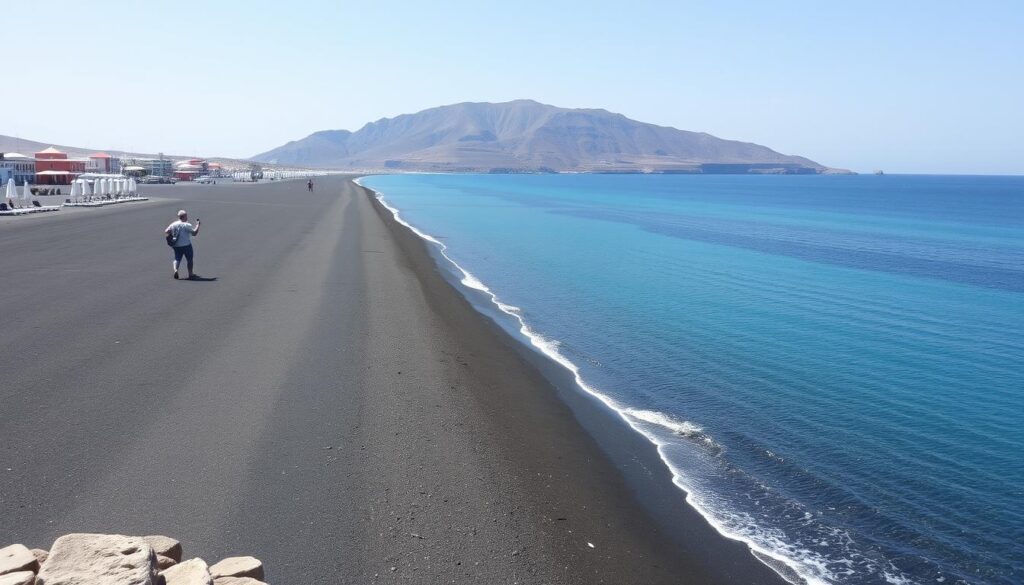 Perissa Beach with its long stretch of black sand, clear waters, and relaxed atmosphere with Mesa Vouno mountain visible Perissa Beach with its long stretch of black sand, clear waters, and relaxed atmosphere with Mesa Vouno mountain visible