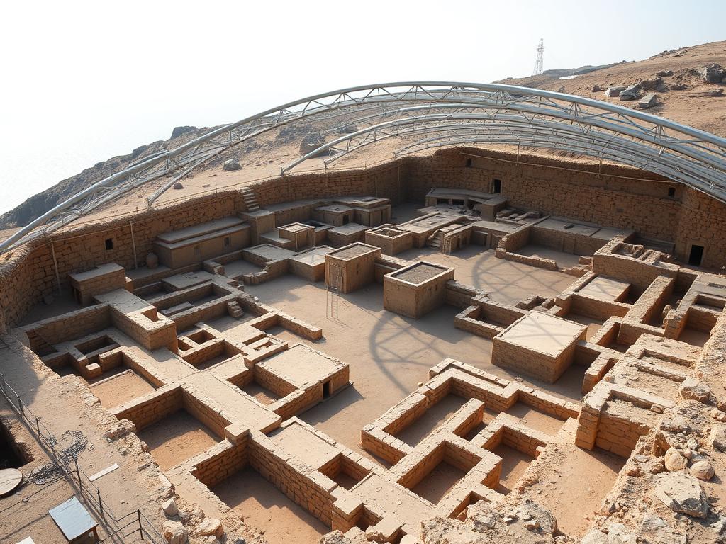 Preserved ruins of the ancient Minoan settlement at Akrotiri archaeological site Preserved ruins of the ancient Minoan settlement at Akrotiri archaeological site