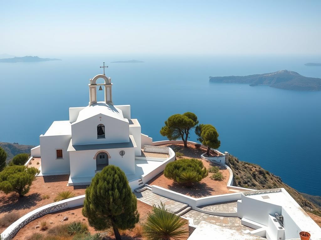 Profitis Ilias Monastery at the highest point of Santorini with panoramic views of the entire island Profitis Ilias Monastery at the highest point of Santorini with panoramic views of the entire island