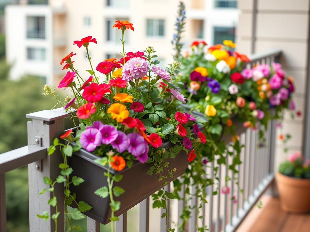 Railing planters filled with colorful flowers and trailing plants Railing planters filled with colorful flowers and trailing plants