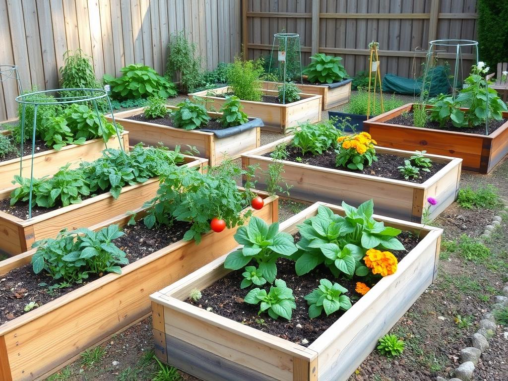 Raised garden beds with various vegetables and flowers growing Raised garden beds with various vegetables and flowers growing
