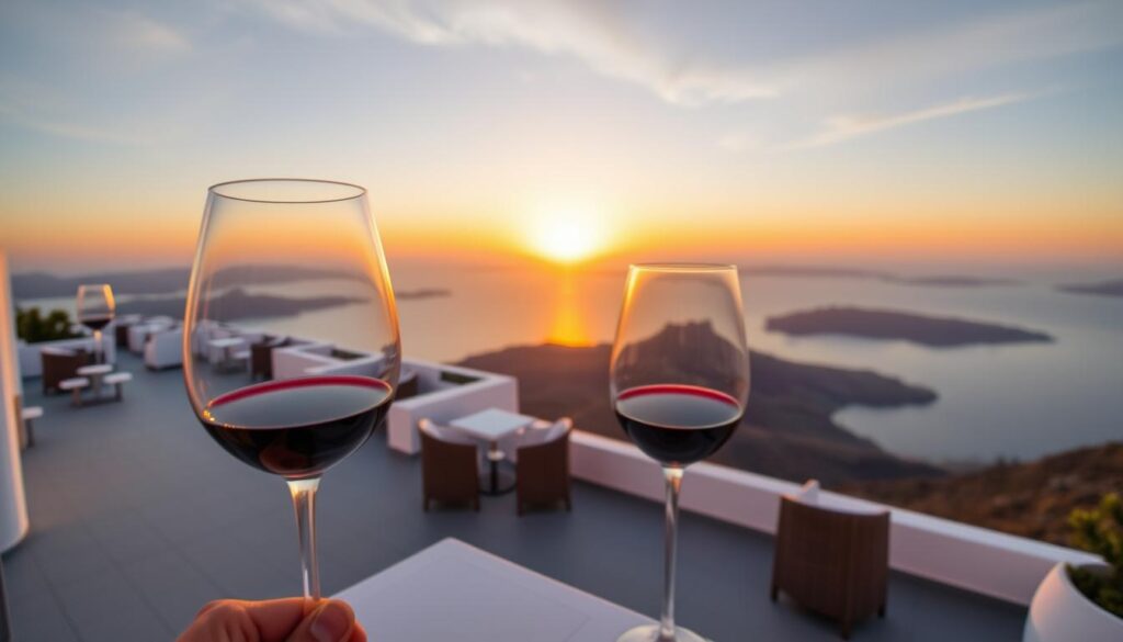 Santo Wines winery terrace overlooking the caldera with wine glasses in the foreground Santo Wines winery terrace overlooking the caldera with wine glasses in the foreground