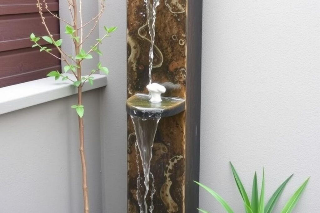 Slim water feature with small fountain in a narrow garden space Slim water feature with small fountain in a narrow garden space