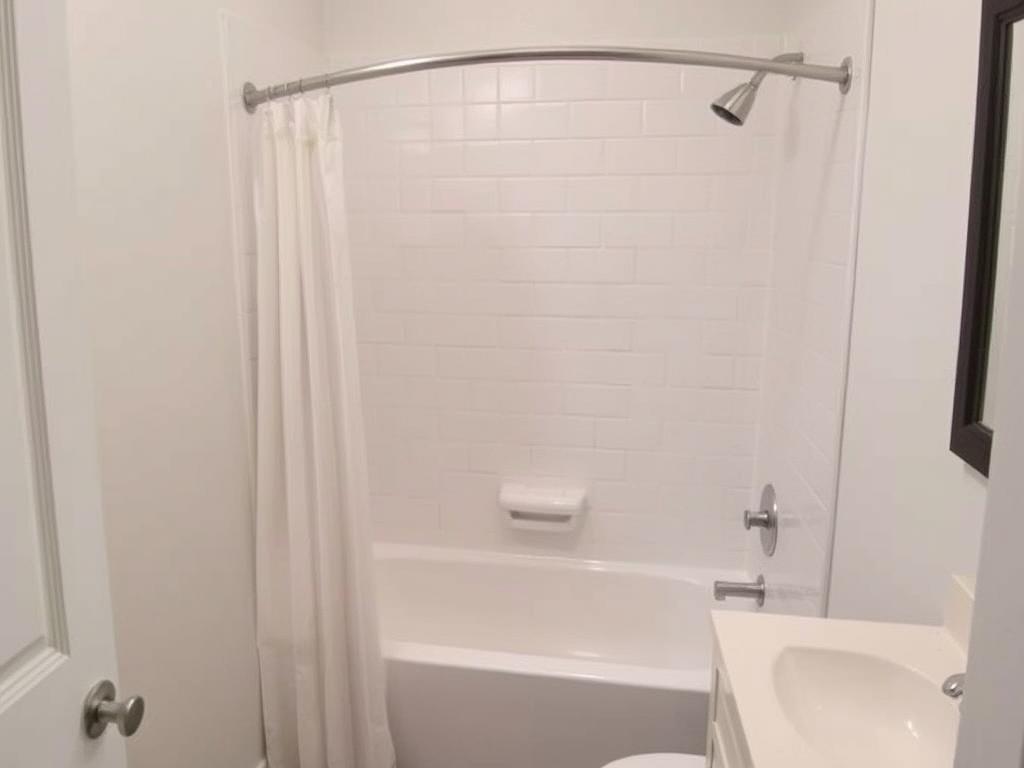 Small bathroom with standard tub and curved shower rod creating extra elbow room Small bathroom with standard tub and curved shower rod creating extra elbow room