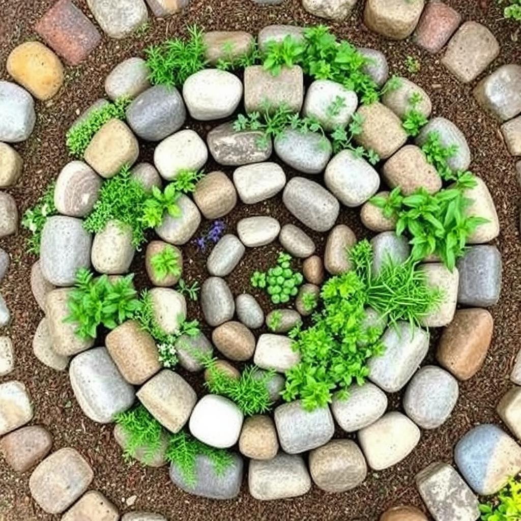 Spiral herb garden made with stones in a circular pattern Spiral herb garden made with stones in a circular pattern