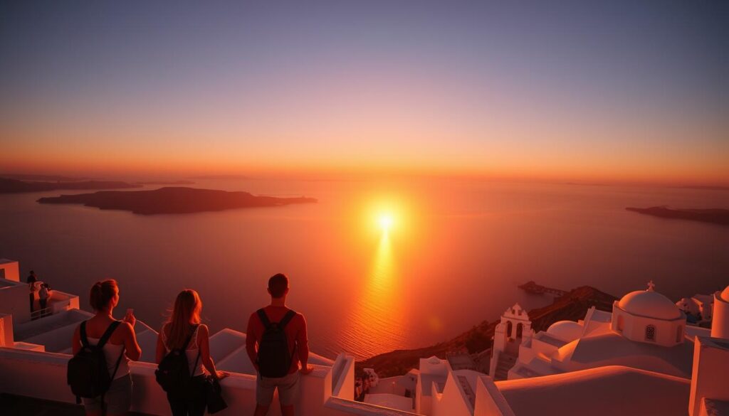 Sunset view over Santorini caldera with silhouettes of visitors enjoying the view Sunset view over Santorini caldera with silhouettes of visitors enjoying the view