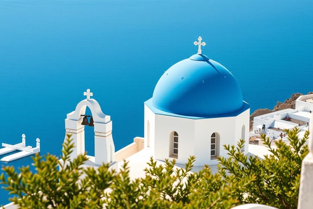 The iconic Three Bells of Fira (Catholic Church of the Dormition) with its blue dome against the white buildings and sea backdrop The iconic Three Bells of Fira (Catholic Church of the Dormition) with its blue dome against the white buildings and sea backdrop