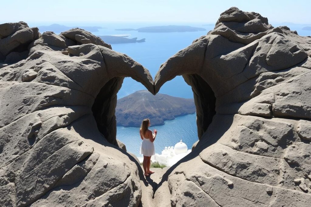 The natural heart-shaped rock formation with caldera views perfect for romantic photos The natural heart-shaped rock formation with caldera views perfect for romantic photos