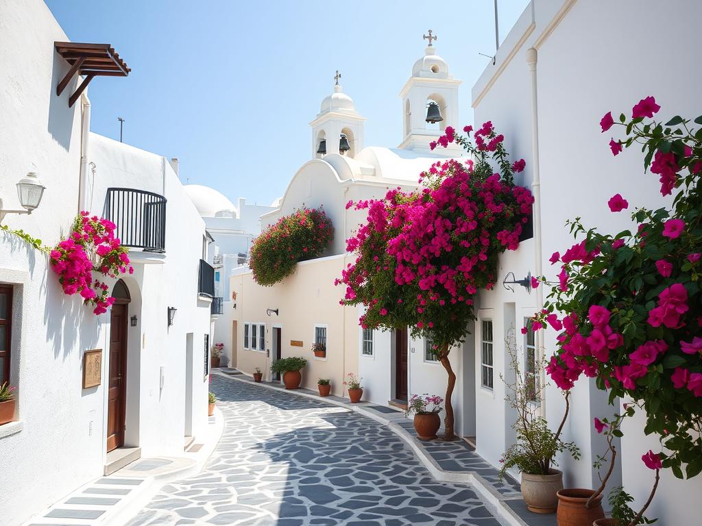 Traditional streets of Megalochori village with neoclassical architecture and bougainvillea-covered walls Traditional streets of Megalochori village with neoclassical architecture and bougainvillea-covered walls
