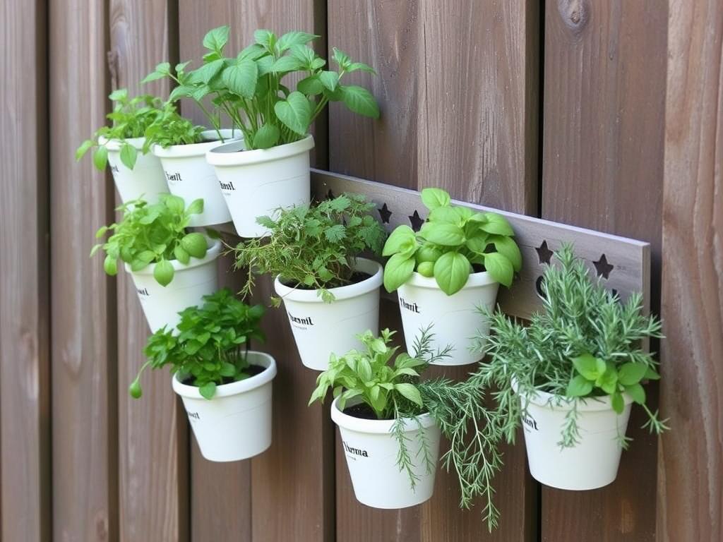 Vertical herb garden mounted on a fence with various herbs in small containers Vertical herb garden mounted on a fence with various herbs in small containers