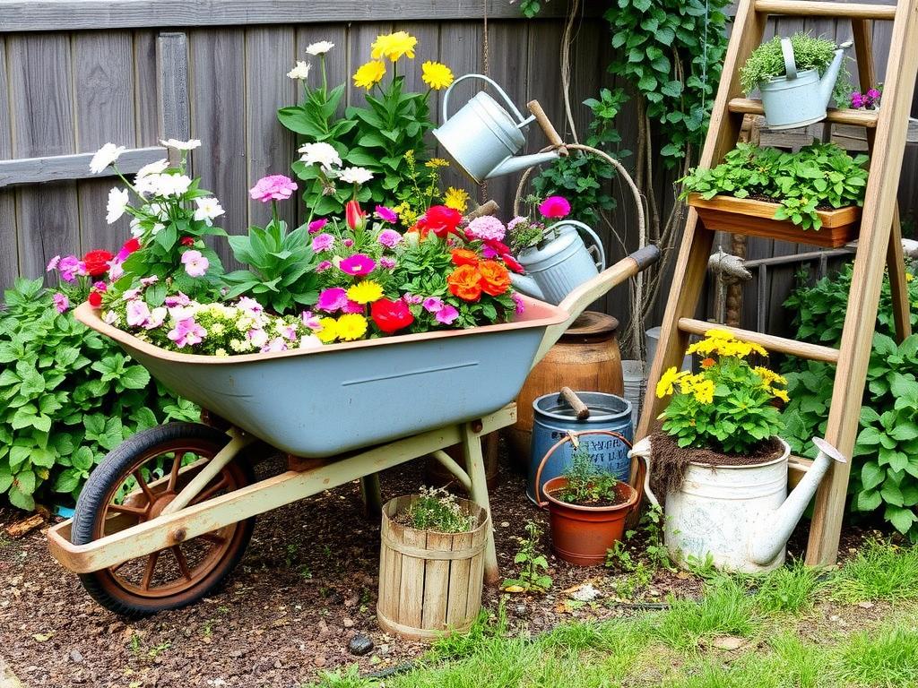 Vintage items repurposed as garden planters including old wheelbarrow and watering cans Vintage items repurposed as garden planters including old wheelbarrow and watering cans