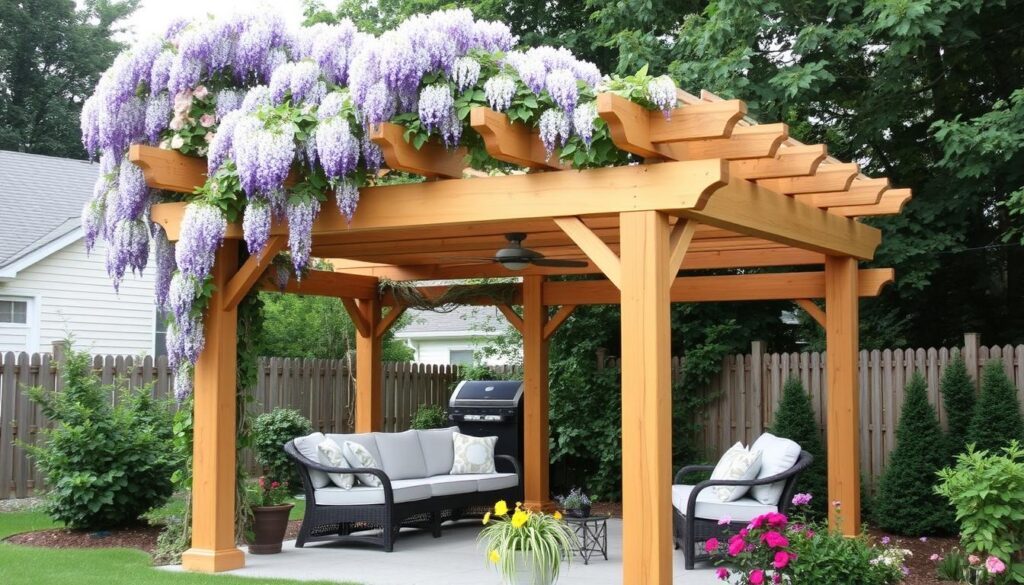 Wooden pergola covered with flowering vines creating a shaded seating area Wooden pergola covered with flowering vines creating a shaded seating area