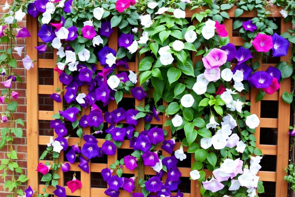 Wooden trellis covered with flowering vines creating a beautiful garden wall Wooden trellis covered with flowering vines creating a beautiful garden wall