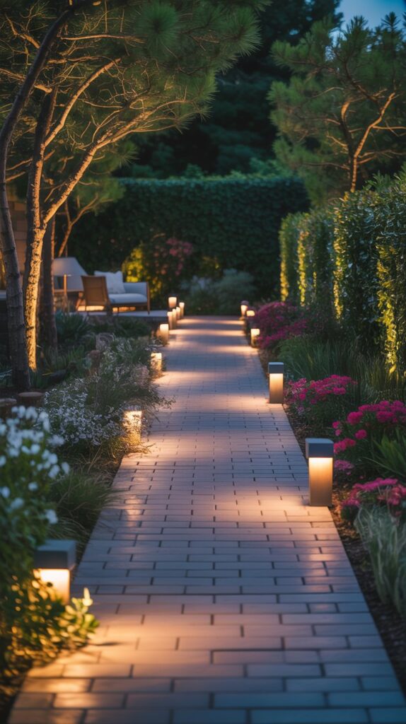 A beautifully lit garden path at night with warm lights illuminating the surrounding plants and trees.