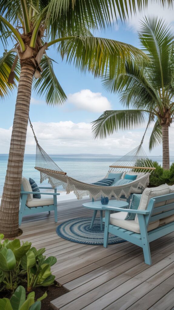 A coastal inspired reading nook with a hammock, palm trees, and light blue furniture.