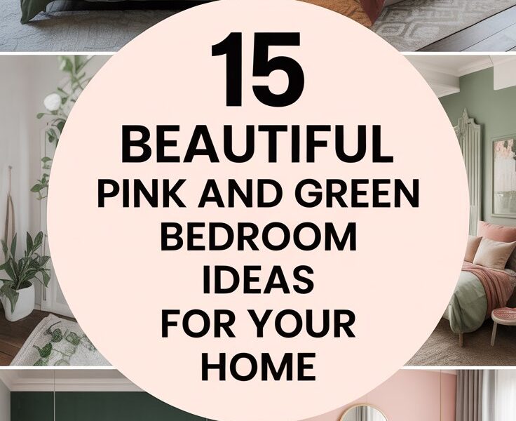 Modern bedroom with blush pink and sage green two-tone walls, featuring a queen bed with a light gray upholstered headboard and dusty pink linen bedding. Two abstract terracotta and white art prints hang above the bed. A monstera plant in a white pot and a pink pendant light add warmth, while a wooden nightstand, gray rug, and pink curtains complete the cozy, stylish look.