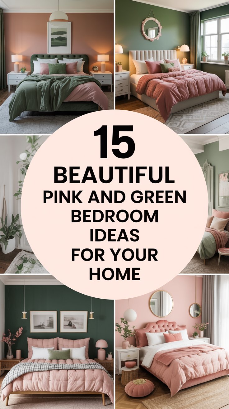 Modern bedroom with blush pink and sage green two-tone walls, featuring a queen bed with a light gray upholstered headboard and dusty pink linen bedding. Two abstract terracotta and white art prints hang above the bed. A monstera plant in a white pot and a pink pendant light add warmth, while a wooden nightstand, gray rug, and pink curtains complete the cozy, stylish look.