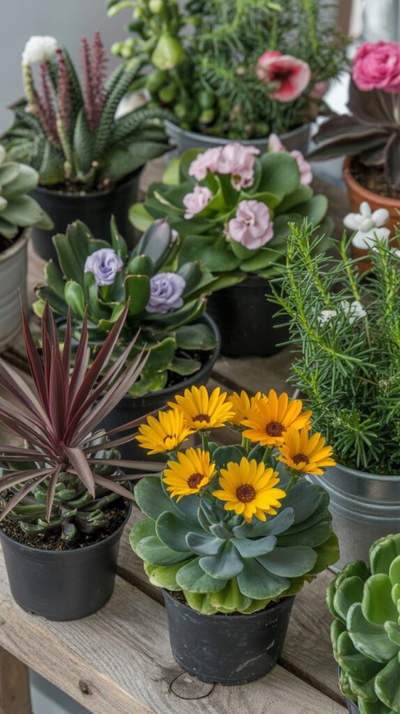 A collection of colorful potted plants on a wooden surface, showcasing various flowers and greenery.