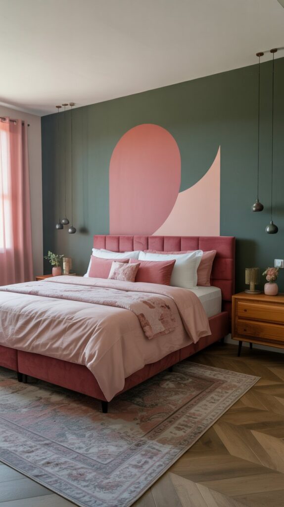 A colorful bedroom with bold wall art featuring the word 'YONF' in pink on a green wall, complemented by pink bedding and wooden nightstands.