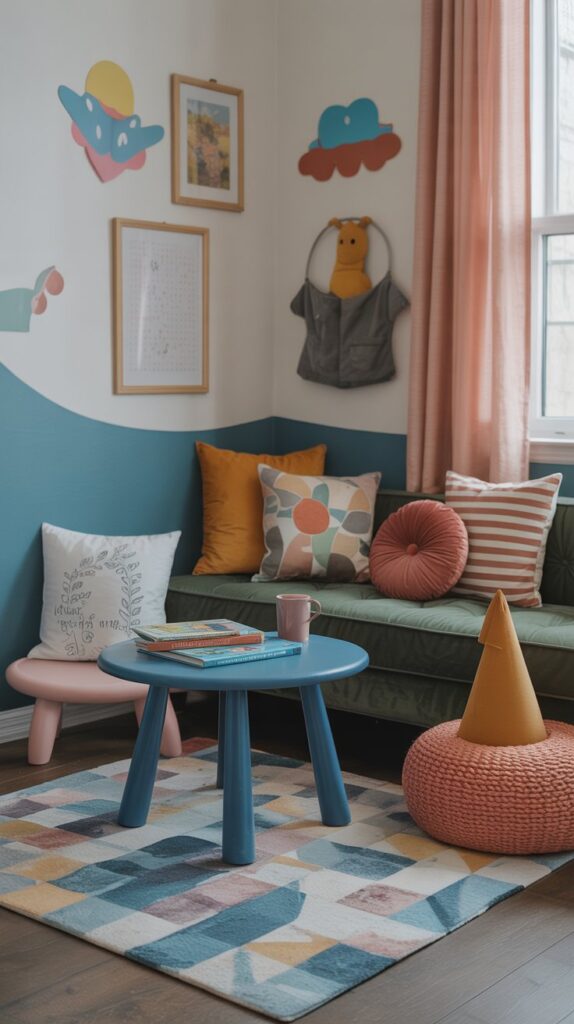 A colorful kids' reading nook filled with vibrant pillows, a small blue table with books, and playful decor.
