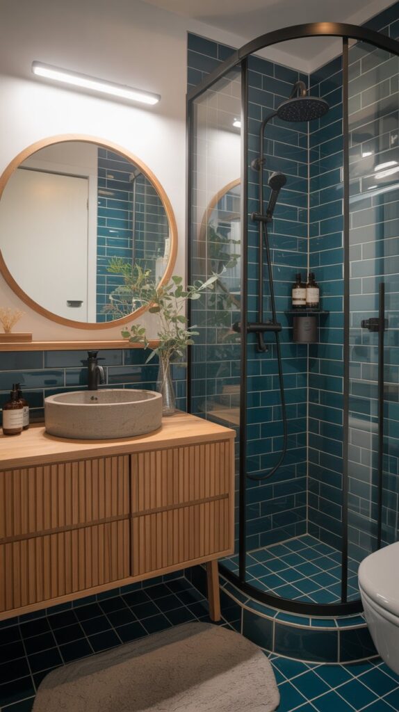A compact Scandinavian-style bathroom featuring a wooden vanity, round sink, and glass shower enclosure.