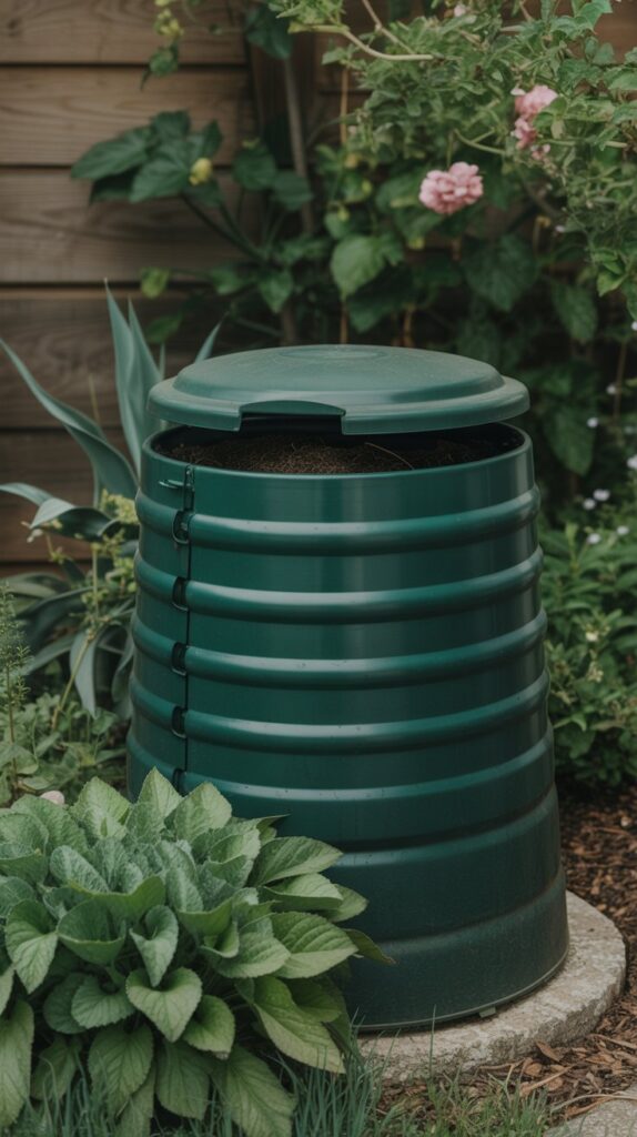 A compost bin surrounded by green plants in a home garden.