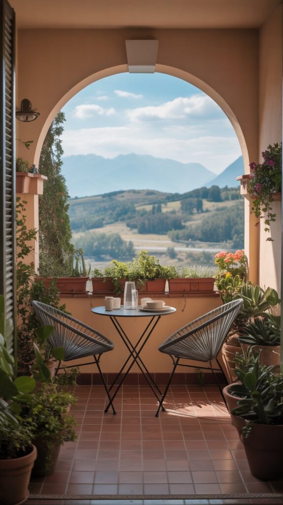 A cozy balcony with a small table and two chairs surrounded by potted plants, overlooking a scenic view.