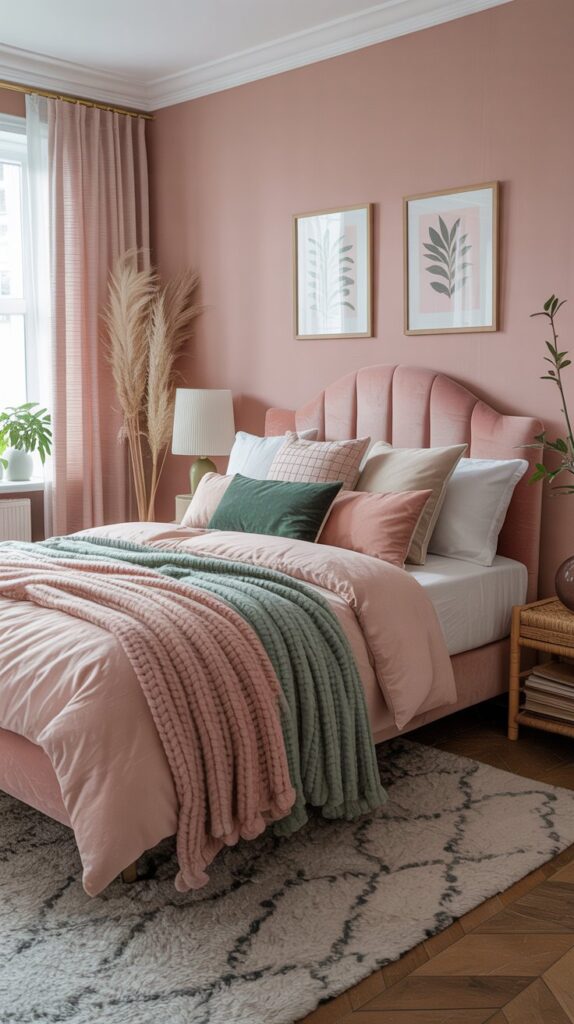 A cozy bedroom featuring soft pink walls and an assortment of pastel pillows and blankets in pink and green.