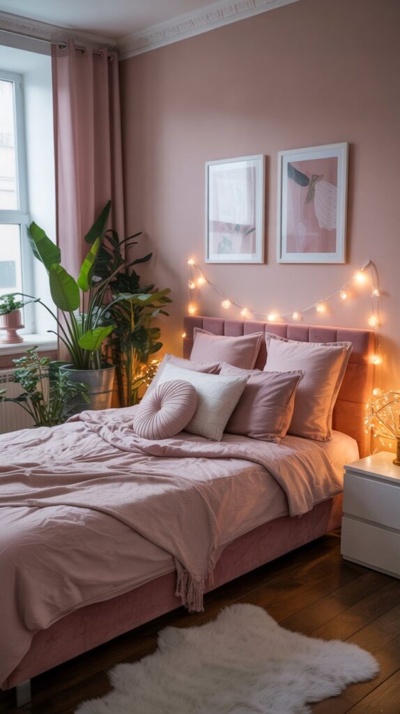 A cozy bedroom with pink walls, fairy lights, and potted plants, creating a whimsical atmosphere.