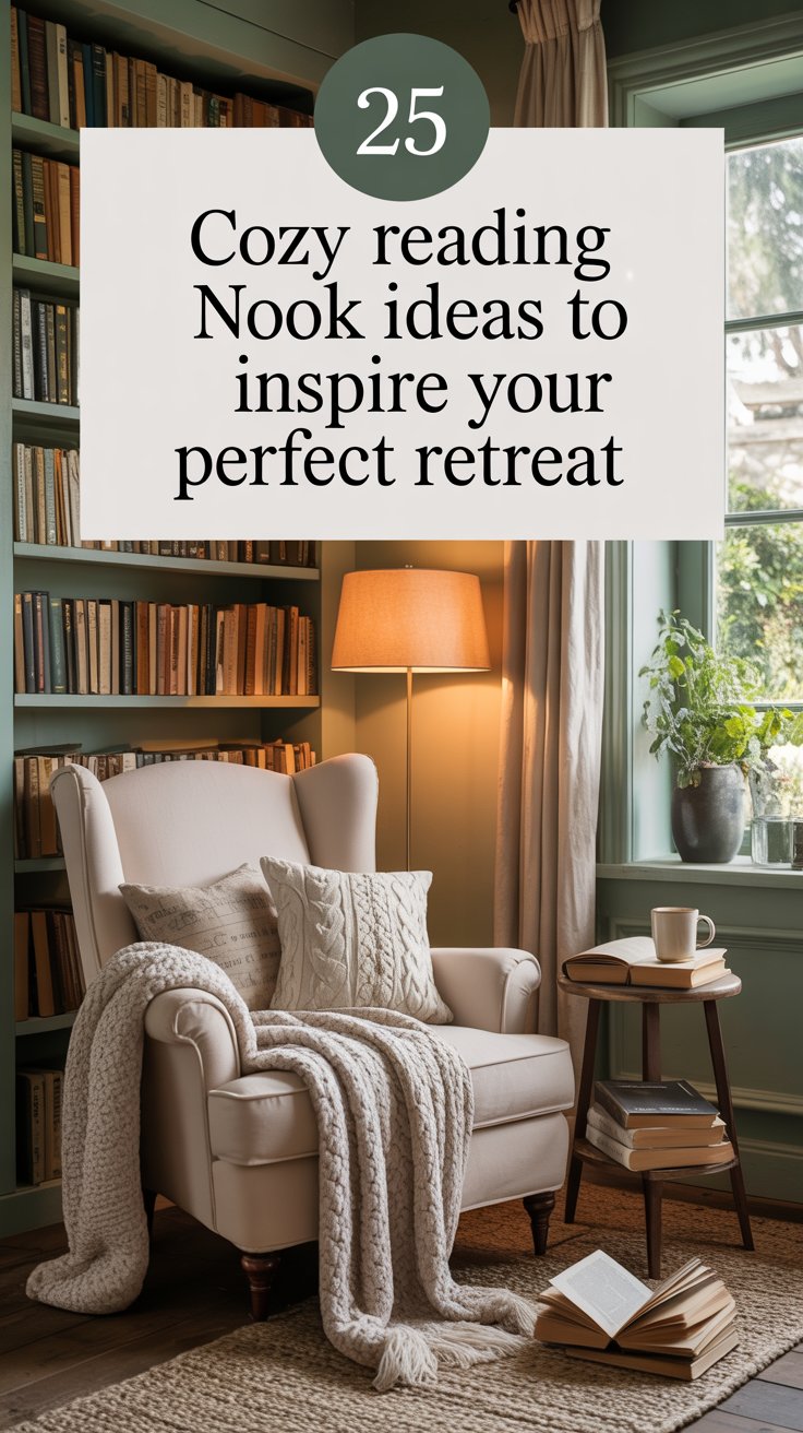 A cozy interior photograph showcasing a charming reading nook bathed in soft, natural light. The focal point is a plush, oversized armchair upholstered in cream-colored fabric, adorned with a knitted throw blanket and several patterned throw pillows, positioned beside a tall bookshelf overflowing with well-loved books. A warm-toned floor lamp casts a gentle glow on a small side table holding a steaming mug and a stack of open books, with "25 Cozy Reading Nook Ideas to Inspire Your Perfect Retreat" prominently displayed as a large text overlay above the scene. The background features a subtly textured wall painted in a calming sage green and a glimpse of a window overlooking a peaceful garden, completing the inviting and tranquil atmosphere.