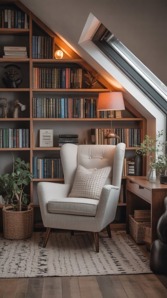 A cozy lofted reading nook with a stylish chair and bookshelves.