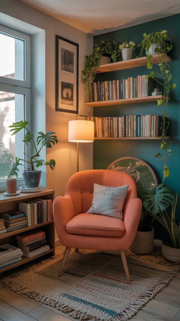 A cozy small space reading corner featuring an orange chair, bookshelves, a lamp, and plants.
