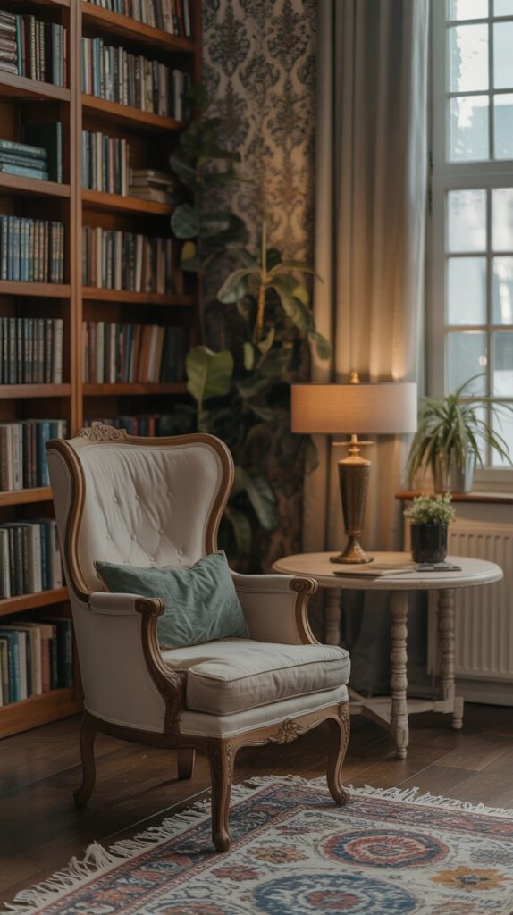 A cozy vintage chair next to a small table and bookshelves filled with books.