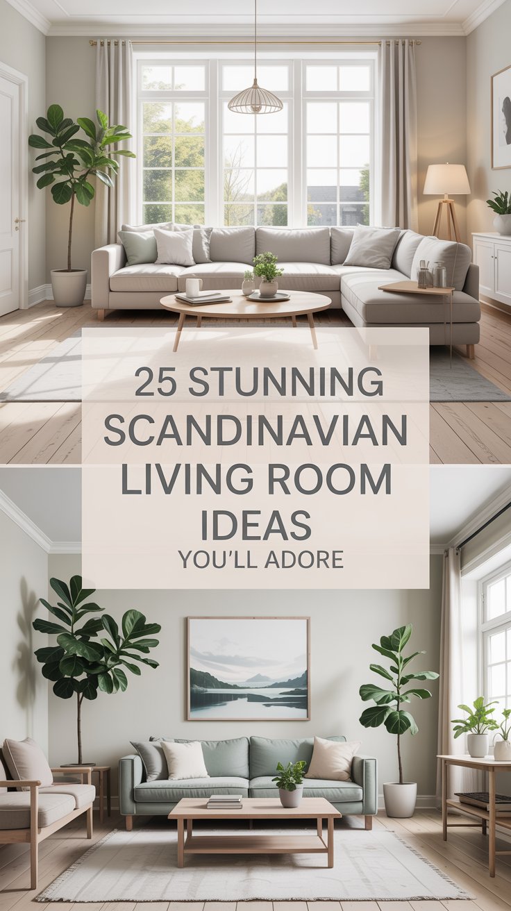 A digital collage showcasing various Scandinavian living room designs with a focus on natural light and minimalist decor. The central image features a bright, airy living room with a light gray sectional sofa, a light wooden coffee table, and a large potted fiddle leaf fig tree in the corner. Overlaying the collage is the text "25 Stunning Scandinavian Living Room Ideas You’ll Adore" in a clean, modern sans-serif font in dark gray. Soft, diffused light streams through large windows, illuminating the room and creating a serene, inviting atmosphere with a pale beige wall color and light wooden floors.