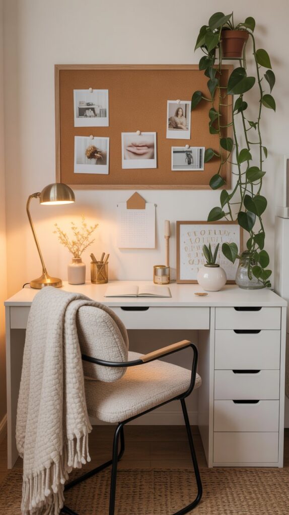 A cozy and elegant home office setup featuring a white desk with matching drawers and a beige upholstered chair draped in a chunky knit throw. A brass desk lamp casts a warm glow over the workspace, which includes potted plants, a framed botanical print, and neatly arranged gold office supplies. A cork board with black-and-white photos and a memo board decorate the wall, while a cascading pothos adds natural greenery.